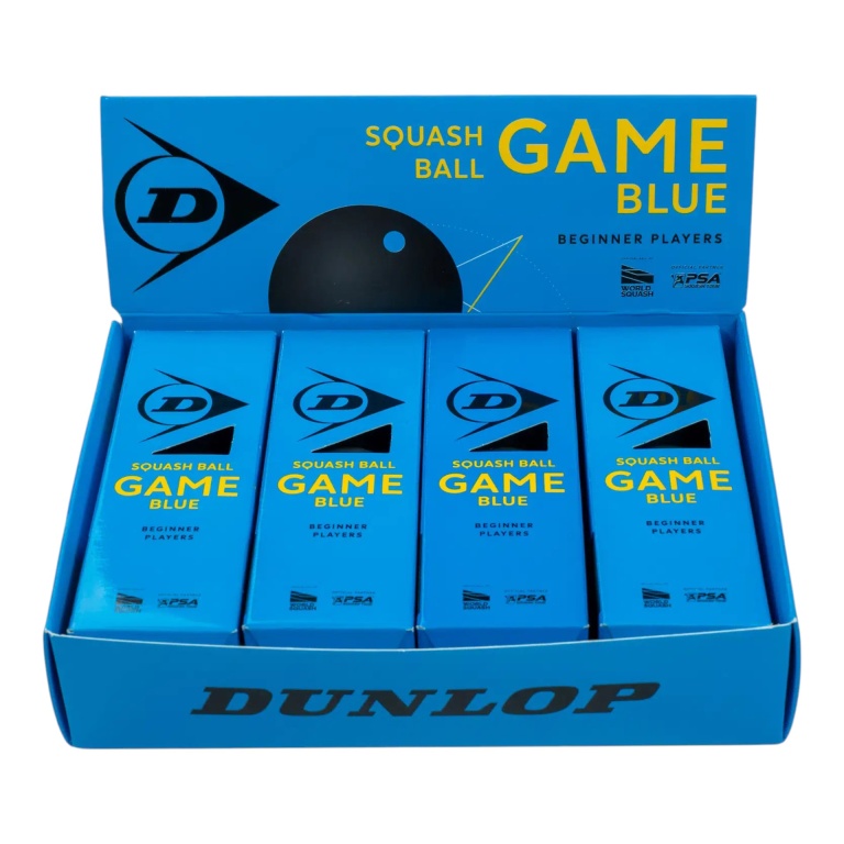 Dunlop Squashball Game Blue (blauer Punkt, Speed schnell) schwarz - 4x3 Bälle (12 Stück) im Karton